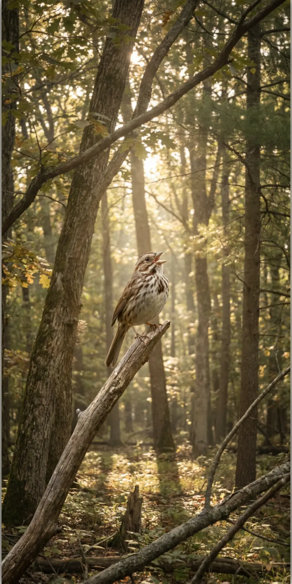 Bruant chanteur dans une forêt ensoleillée